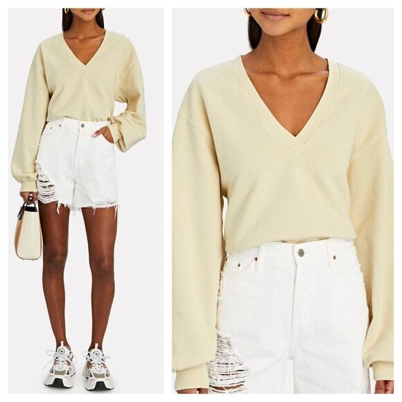 Agolde V-Neck Balloon Sleeve Sweatshirt Oversized Slouchy French Terry Cream S - Picture 1 of 7
